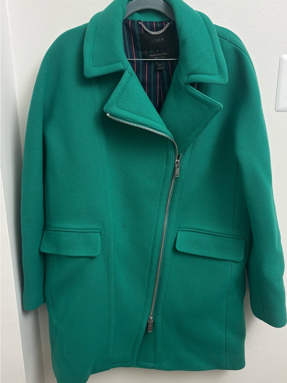 J.Crew Emerald Green Wool Pea Coat Stadium Cloth by Nello Gori 2 Way Zip Size 12